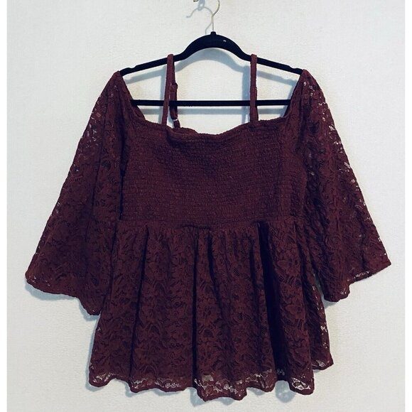 Torrid Top Womens 2X Burgundy Babydoll Lace Smocked Cold Shoulder Feminine - Picture 2 of 10